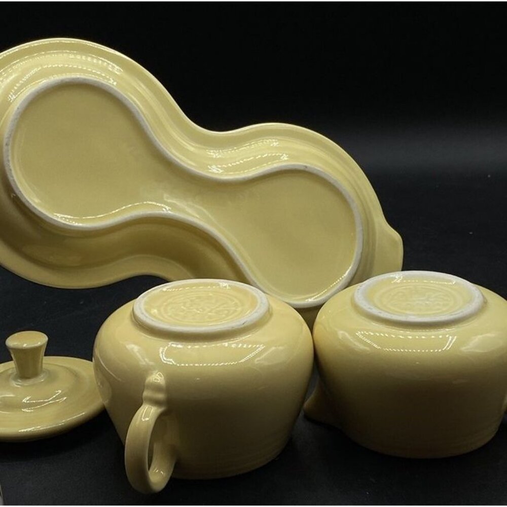 Fiesta Sugar Bowl & Creamer w Base Plate Set Sunflower Yellow - Picture 9 of 11